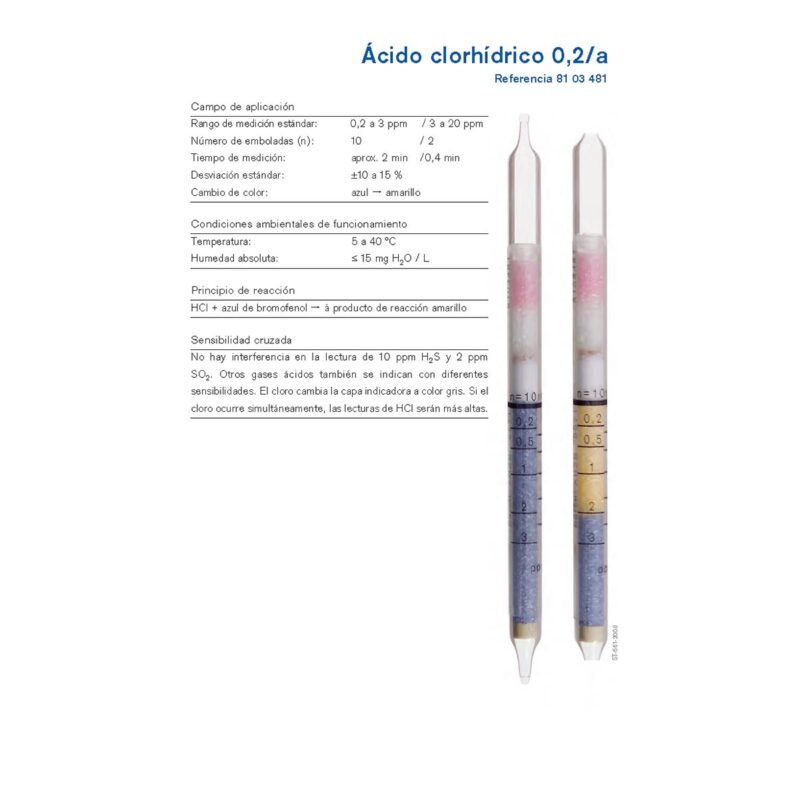 Inicio 12 Tubo Dräger Ácido clorhídrico 8103481 (0,2/a) - ficha técnica, rango 0,2-3 ppm y 3-20 ppm
