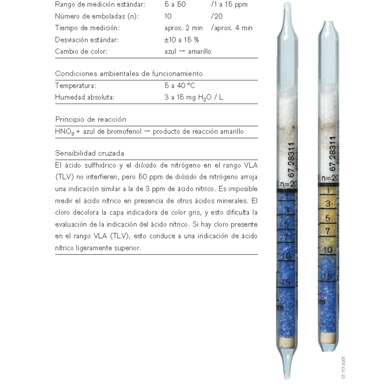 Tubo Dräger Ácido nítrico 1/a con referencia 67 28 311, para detección de 1 a 50 ppm.
