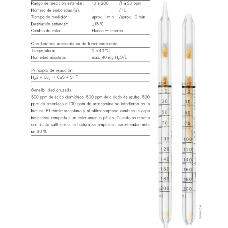 Tubo Dräger Ácido sulfhídrico 8101831 (1/d) - ficha técnica, rango 10-200 ppm y 1-20 ppm