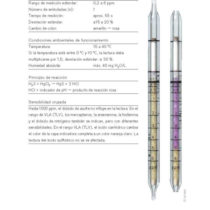 Tubo Dräger Ácido sulfhídrico 0,2-6 ppm, SKU 8101991. Tubo colorimétrico Dräger de alta precisión para gases tóxicos.