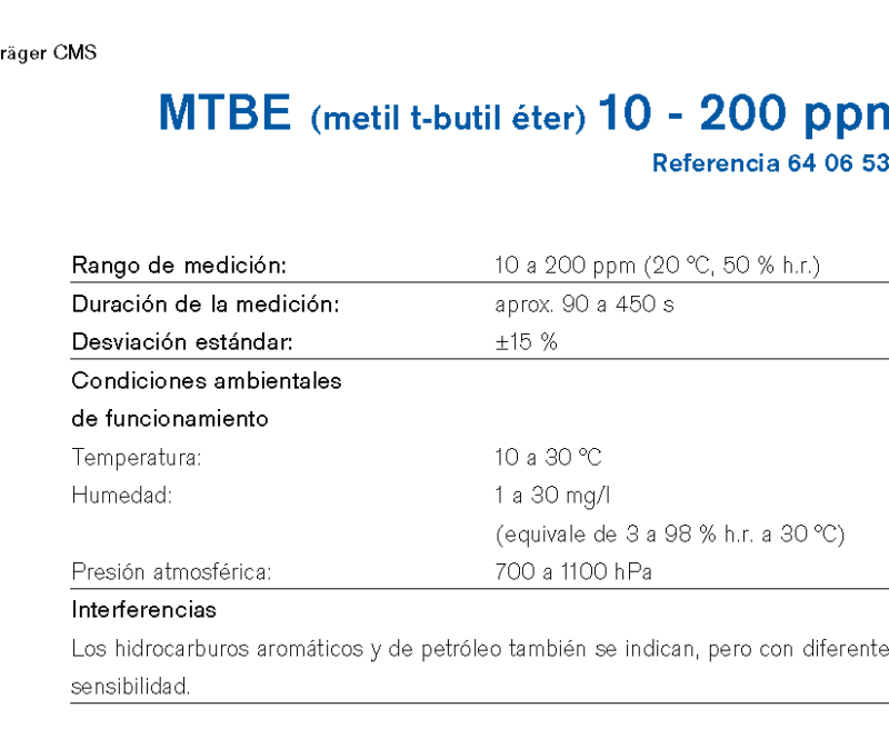 Chip Dräger MTBE (metil t-butil éter) 10 - 200 ppm 6406530