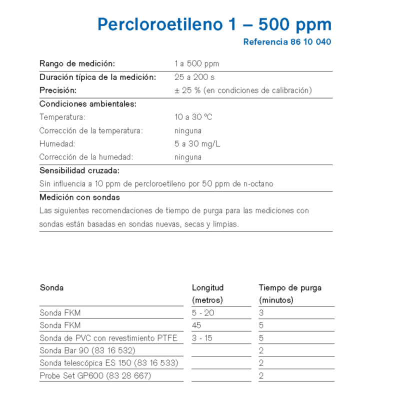 MicroTube Dräger Percloroetileno 1 – 500 ppm 8610040