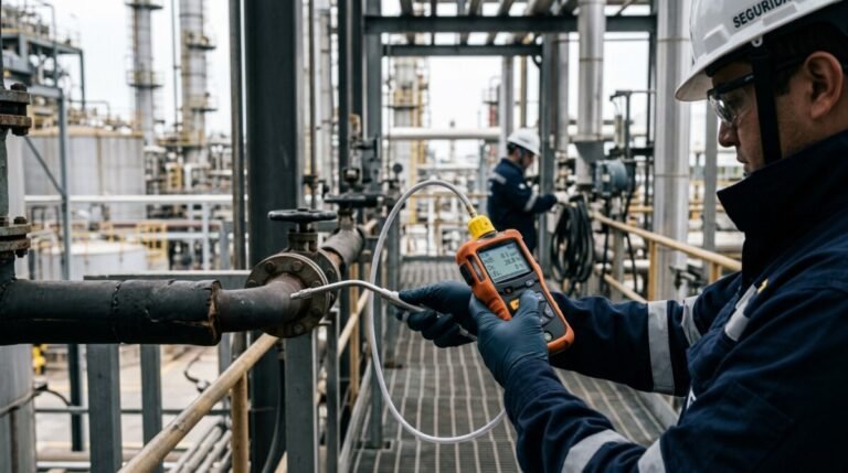 Técnico especialista realizando medición de gases con equipo industrial en planta