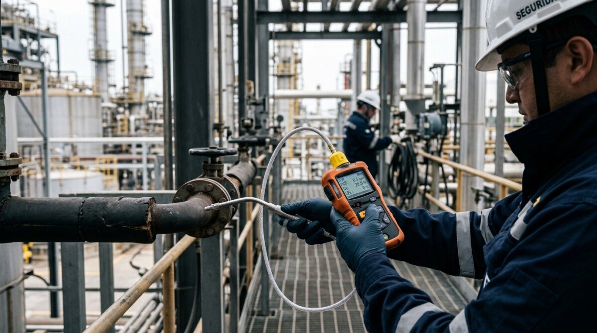 Tubos colorimétricos vs. detectores electrónicos de gases: guía técnica de selección 1 Técnico especialista realizando medición de gases con equipo industrial en planta